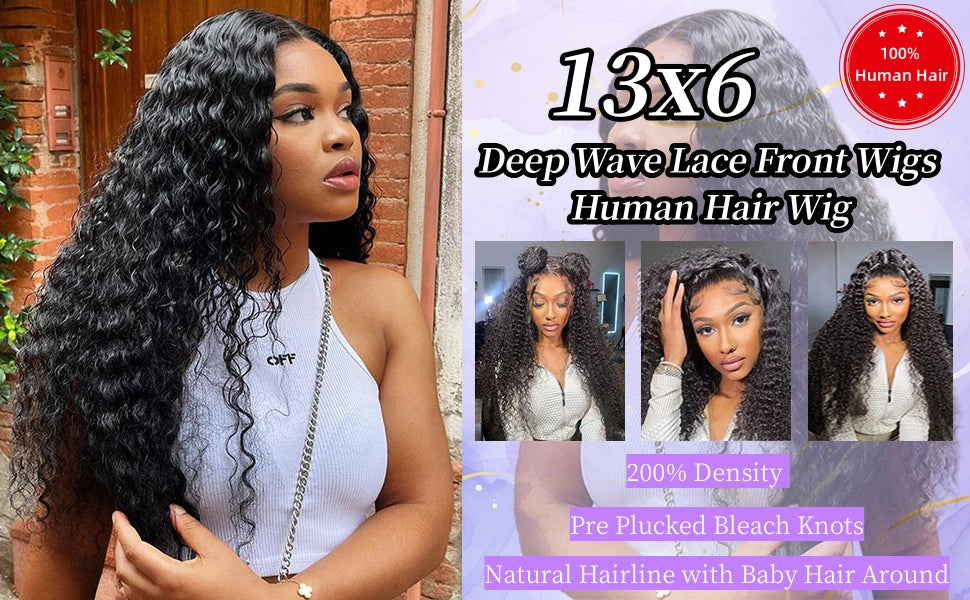 JTMMP 13x6 Deep Wave Lace Front Wigs Human Hair 200% Density 26 Inch Curly Human Hair Wig for Women Natural Black HD Transparent Lace Glueless Frontal Wigs Human Hair Pre Plucked