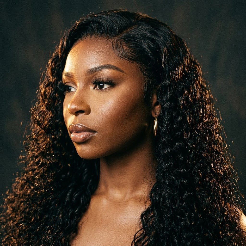 Deep wave lace front wig side profile