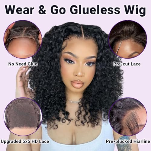 Curly Bob Wig Human Hair 5x5 Wear And Go Glueless Wigs Human Hair Pre Plucked Pre Cut Deep Wave Lace Front Closure Wigs For Black Women 200 Density Curly Wig Glueless Wear And Go Black 12 Inch