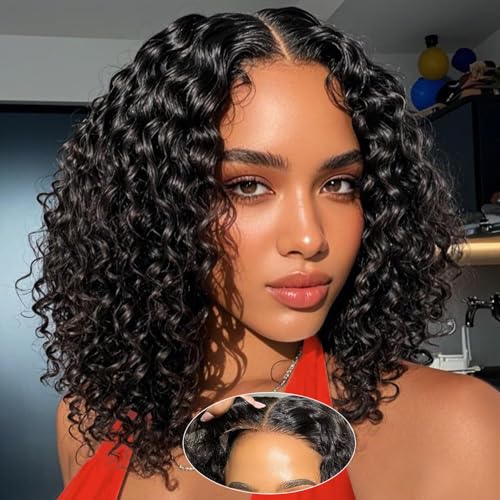 Curly Bob Wig Human Hair 5x5 Wear And Go Glueless Wigs Human Hair Pre Plucked Pre Cut Deep Wave Lace Front Closure Wigs For Black Women 200 Density Curly Wig Glueless Wear And Go Black 12 Inch