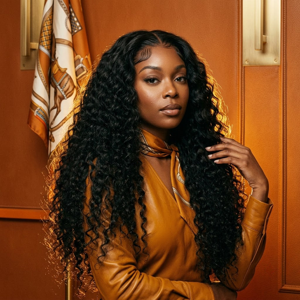 Deep wave natural black 200% density glueless wig on model