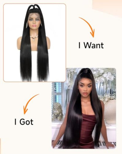 Lace Front Wigs Human Hair 32 Inch 12A Virgin Straight Human Hair Wig 200 Density Soft 13x6 Lace Front Wigs Human Hair Pre Plucked Invisilbe Hairline Glueless HD Frontal Wig Natural Black