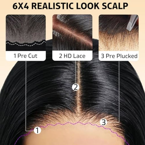 6x4 HD Lace Front Glueless Wigs Human Hair Pre Plucked Pre Cut | Wear and Go Drawstring Straight Human Hair Wigs 220% Density 12 Inch Natural Black