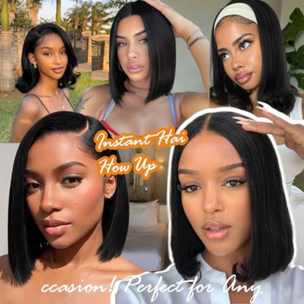 6x4 HD Lace Front Glueless Wigs Human Hair Pre Plucked Pre Cut | Wear and Go Drawstring Straight Human Hair Wigs 220% Density 12 Inch Natural Black