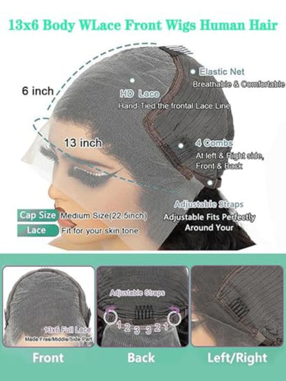 Fongly Body Wave Lace Front Wigs Human Hair 13x6 Lace Front Wigs Human Hair 200% Density 26 Inch 13x6 HD Lace Frontal HumanHair Wigs for Black Women With BabyHair